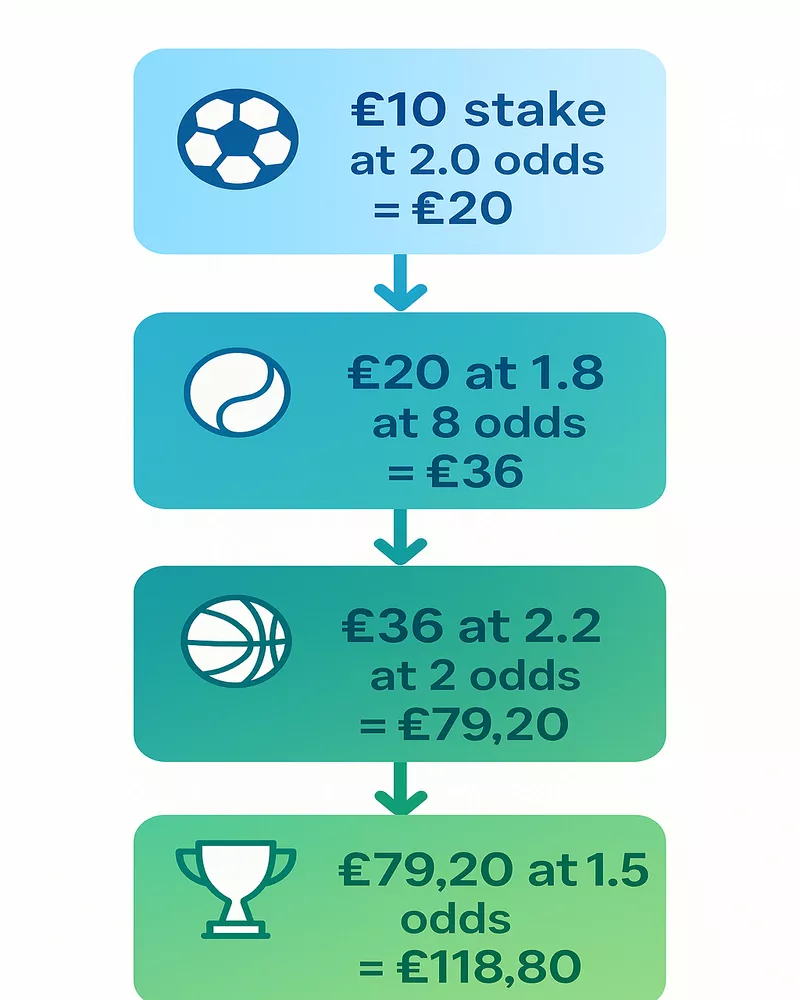 Diagram showing accumulator bet calculation flow with four connected stages showing stake multiplication from £10 to £118.80