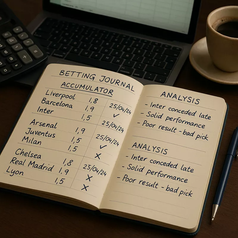 Open betting journal with handwritten accumulator selections, odds, and analysis notes for tracking betting performance