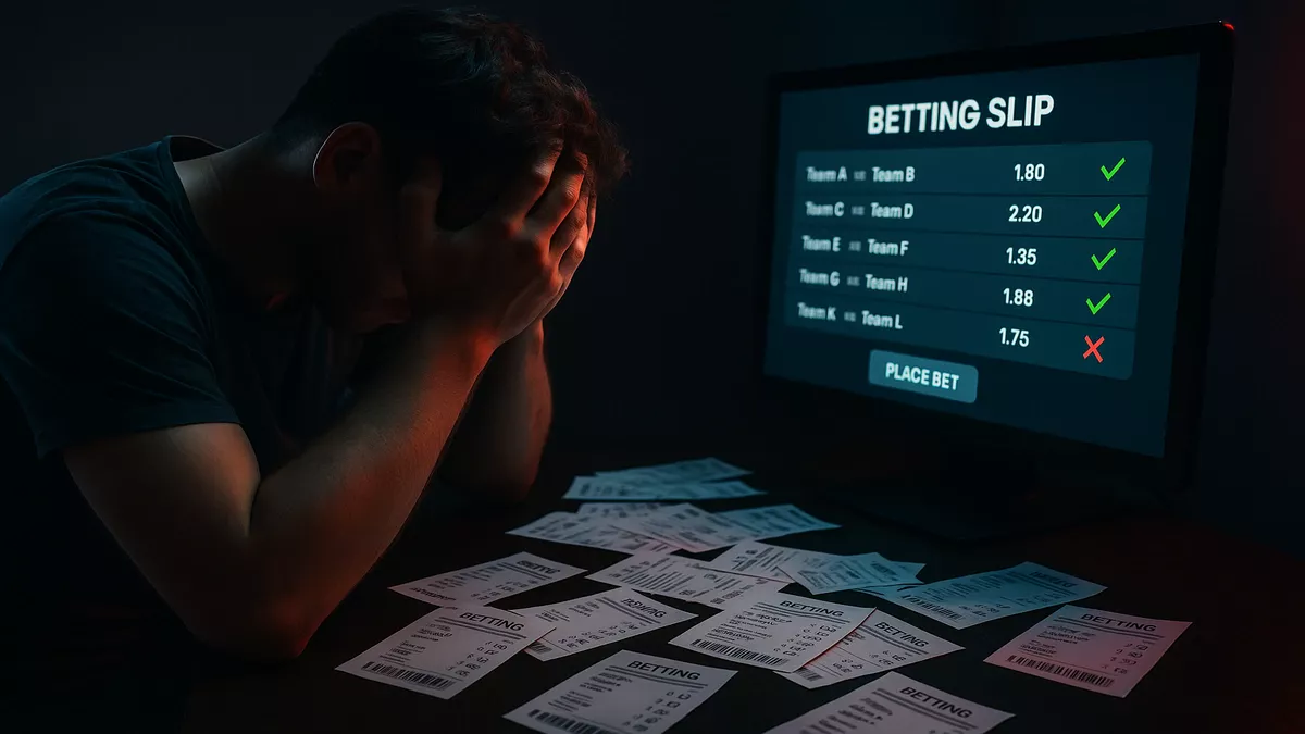 Frustrated bettor experiencing the pain of a lost accumulator bet with five wins and one crucial loss