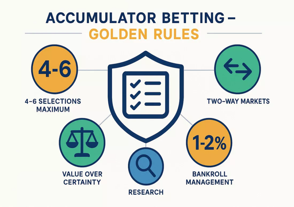Infographic showing key accumulator betting strategy rules including selection limits, two-way markets, value focus, and bankroll management