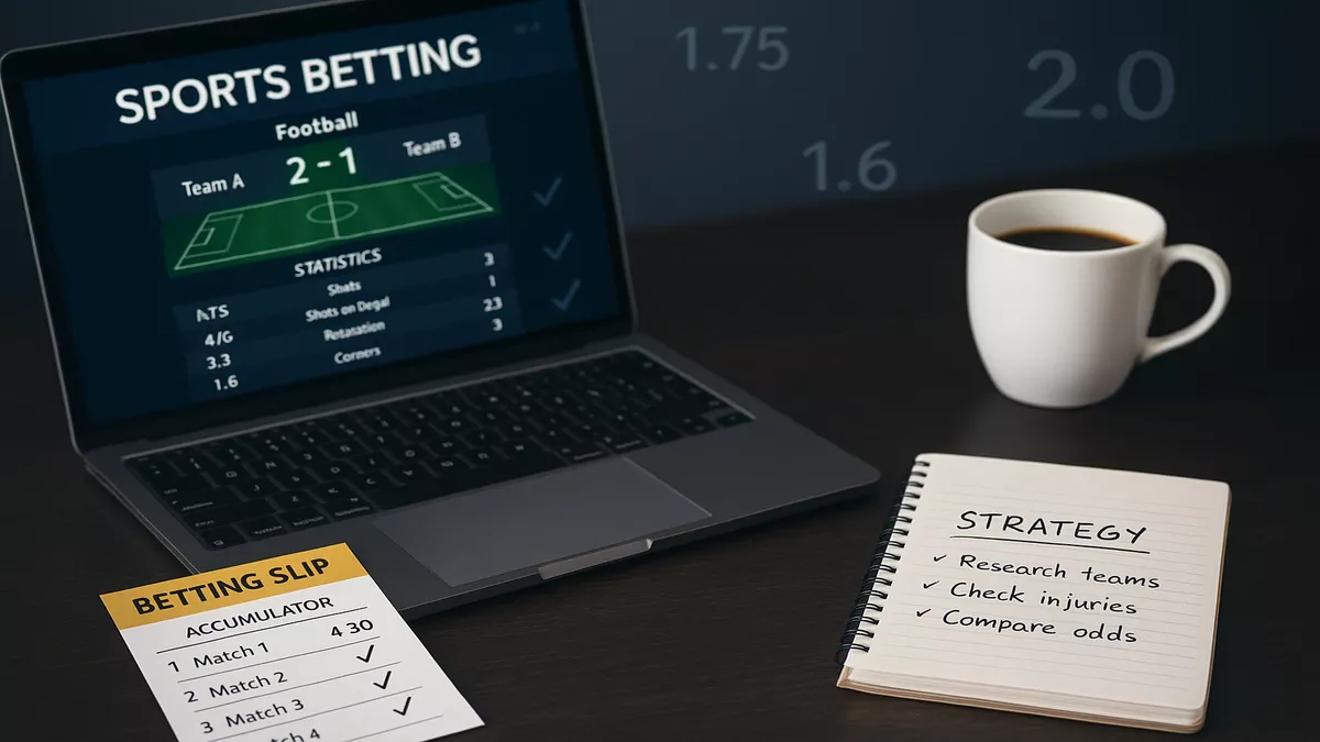 Professional accumulator betting strategy workspace with laptop showing match statistics and betting analysis