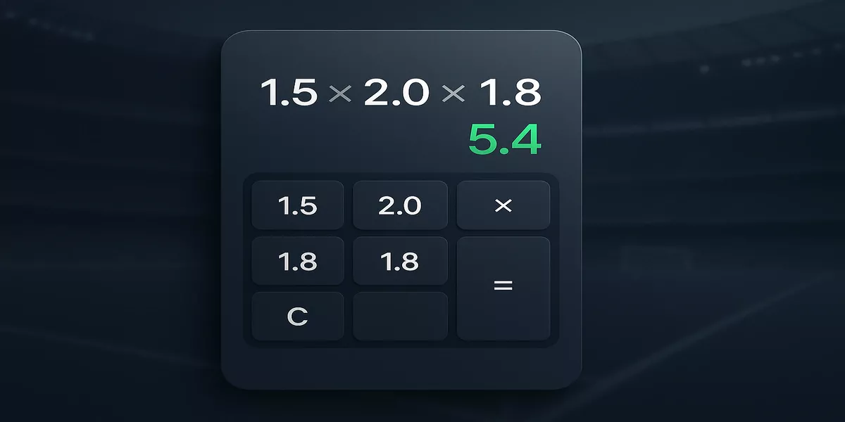 Accumulator odds calculator showing multiplication of betting odds with digital interface and football stadium background