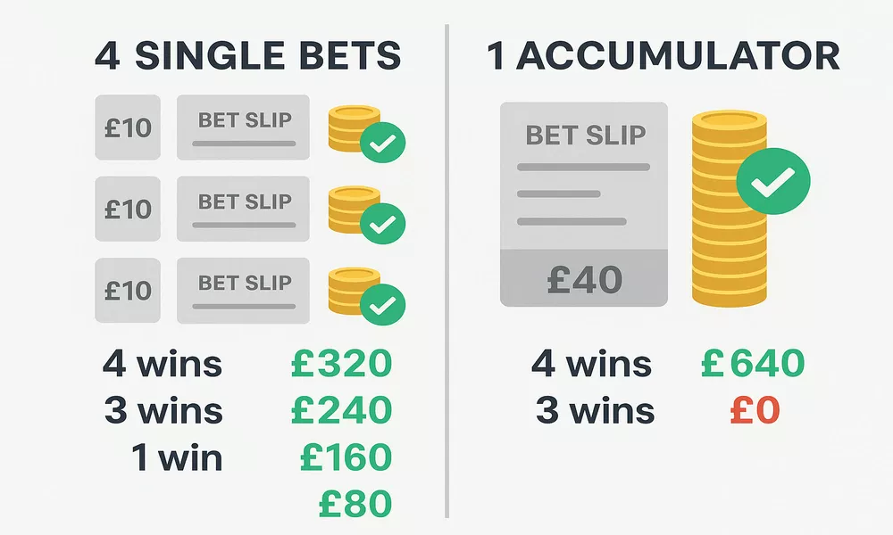 Split comparison infographic showing accumulator betting returns versus single bets with different winning scenarios