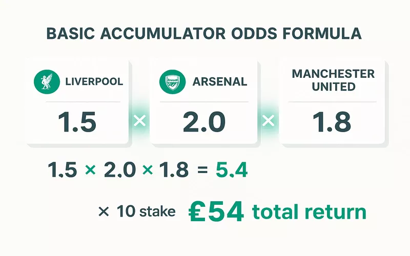 Visual diagram showing accumulator odds formula with Liverpool 1.5, Arsenal 2.0, Manchester United 1.8 multiplied together