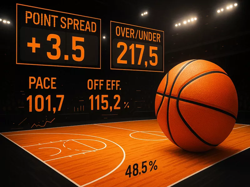 Basketball point spread accumulator betting showing NBA court with over under totals and offensive efficiency statistics