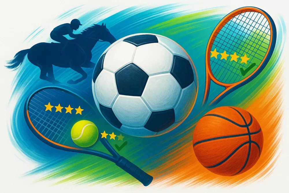 Sports collage featuring football, tennis, horse racing, and basketball showing the most popular accumulator betting sports