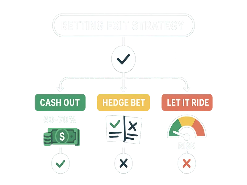 Decision tree flowchart showing betting exit strategy options including cash out, hedge bet, and let it ride paths
