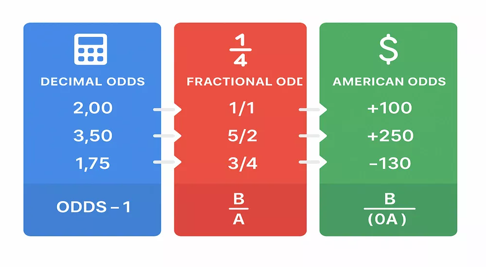 Comparison chart showing decimal, fractional, and American betting odds formats with conversion formulas