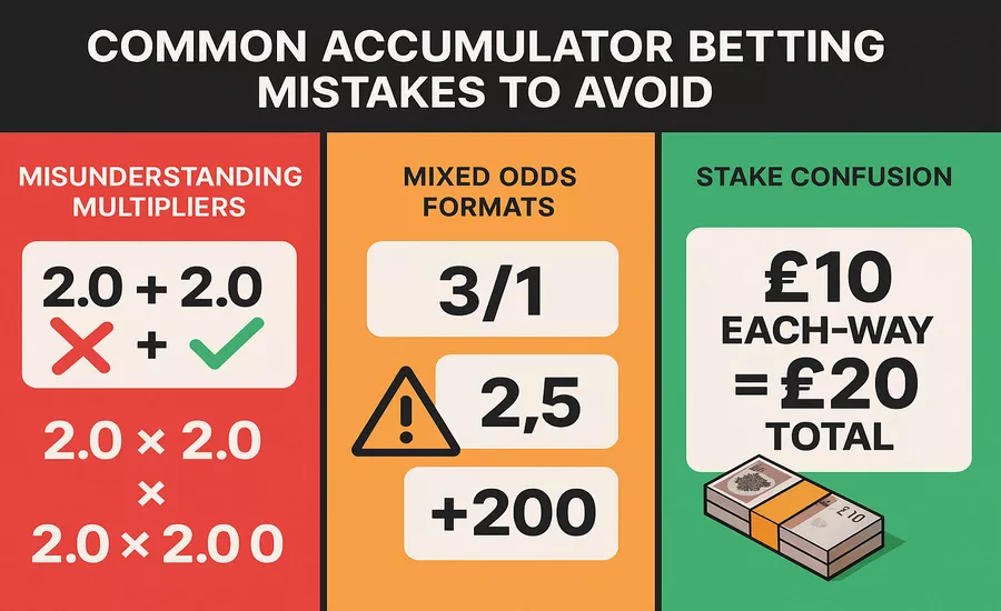 Warning infographic displaying common accumulator betting mistakes including adding vs multiplying odds and format confusion