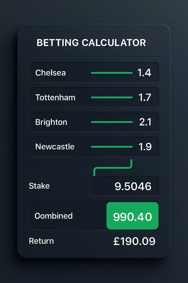 Digital betting calculator interface displaying four-fold accumulator with Chelsea, Tottenham, Brighton, Newcastle odds and final return calculation