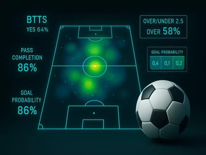 Football accumulator betting strategy showing tactical pitch analysis with BTTS and over under 2.5 goals data