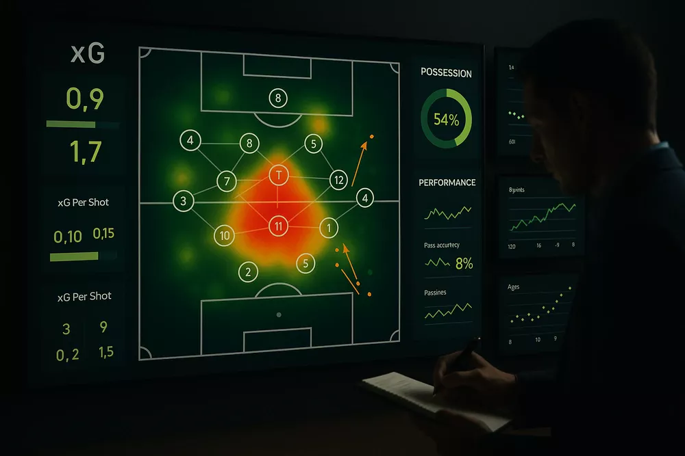 Professional football match analysis with statistics, heat maps, and data visualization tools