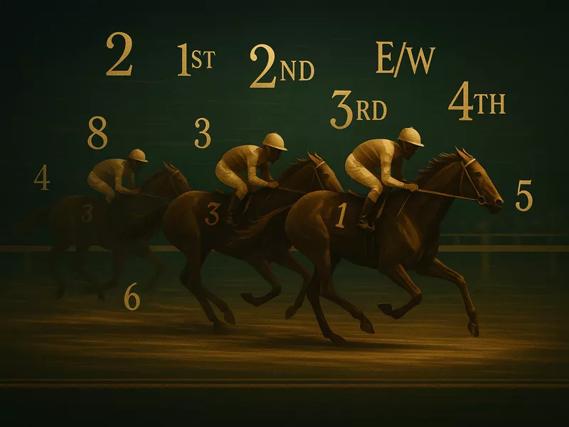 Horse racing each way accumulator betting showing thoroughbreds with racing form guide and place positions