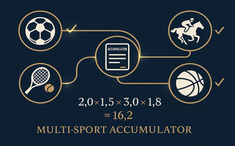 Multi sport accumulator strategy showing football tennis horse racing and basketball connected with betting slip and odds multiplication