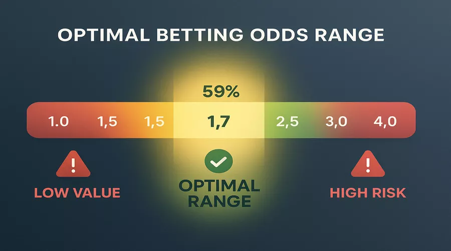 Infographic showing optimal betting odds range between 1.5 and 2.0 with low value and high risk zones highlighted