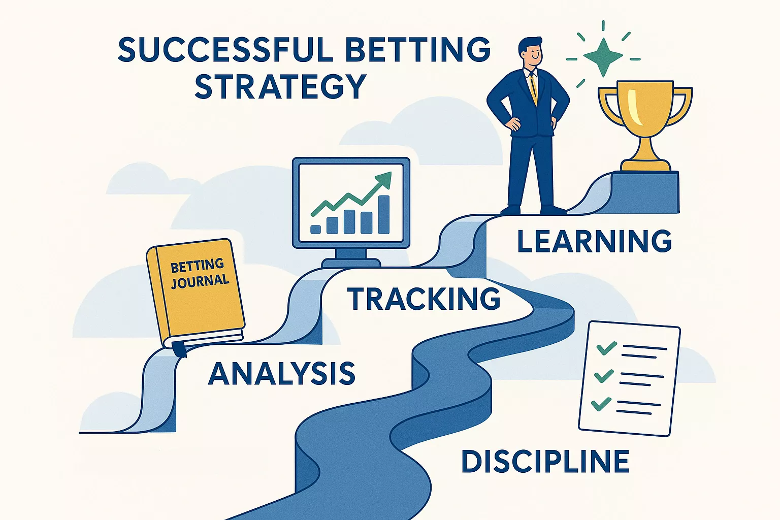 Path to successful betting strategy showing improvement steps from research to tracking